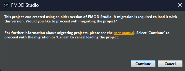 Prompt to migrate FMOD Studio project