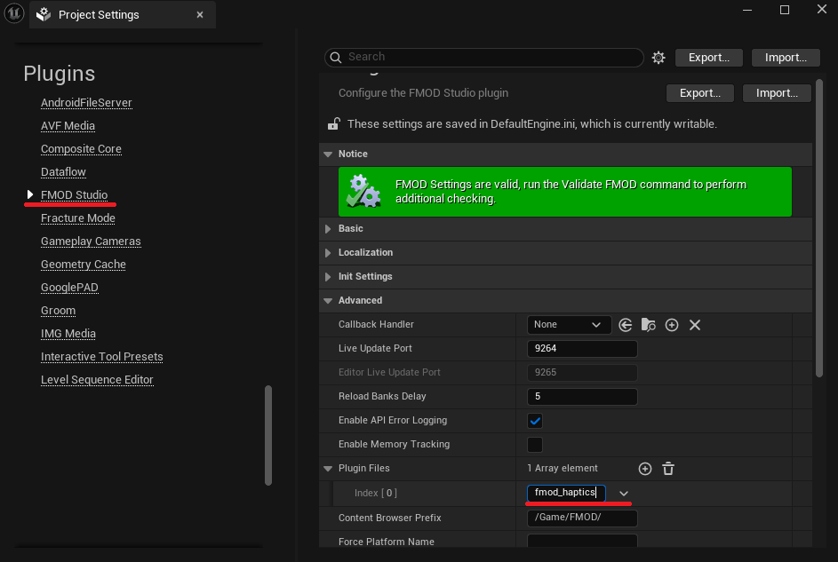 Loading the FMOD Haptics plugin from the Project settings